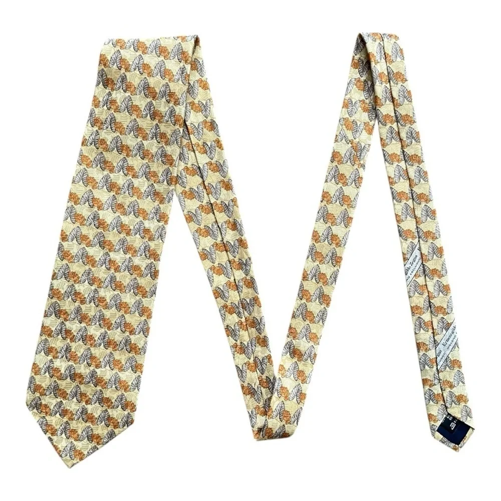 Ermenegildo Zegna mens necktie Abstract Leaf 100% Silk Made in Italy gold yellow